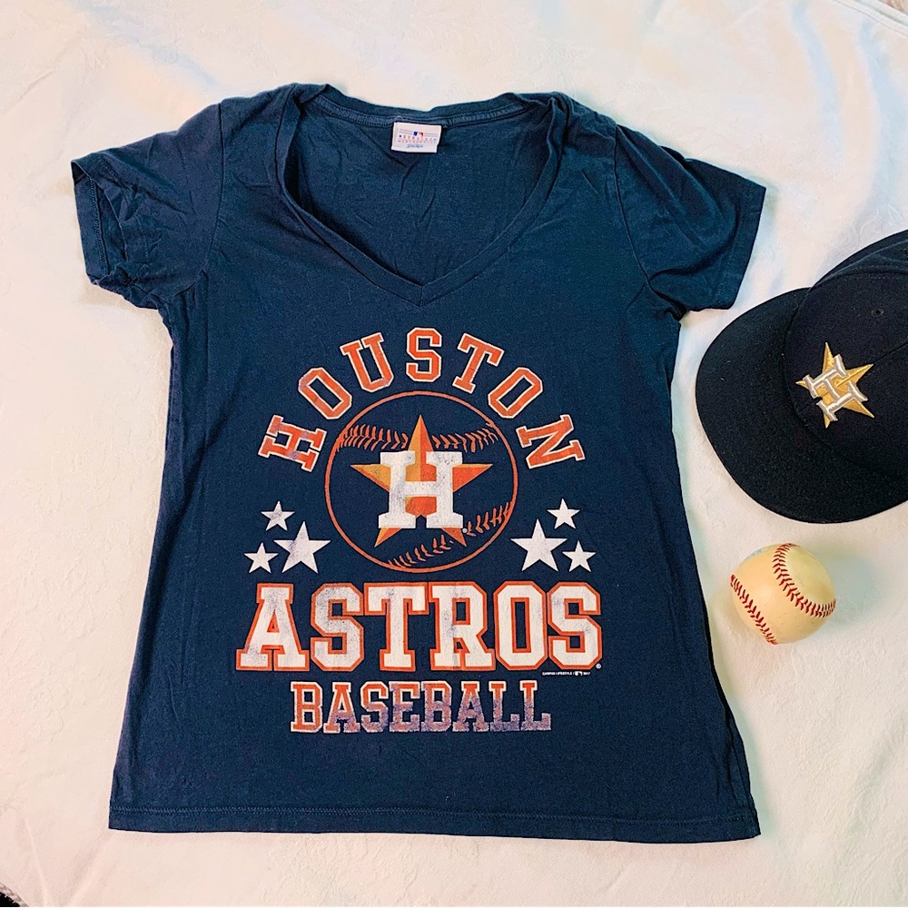 Houston Astros baseball v-neck t-shirt 100% cotton size medium short sleeve Euc